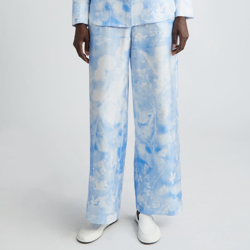 Lafayette 148 New York Eco Flora Print Silk Pants in Sky Blue Multi